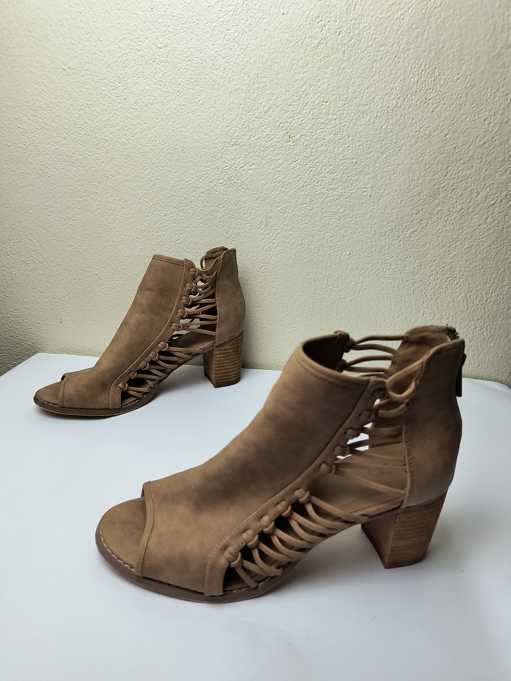 Cato Taupe Open-Toe Lace-Up Block Heel Booties - 11M Rear Zip